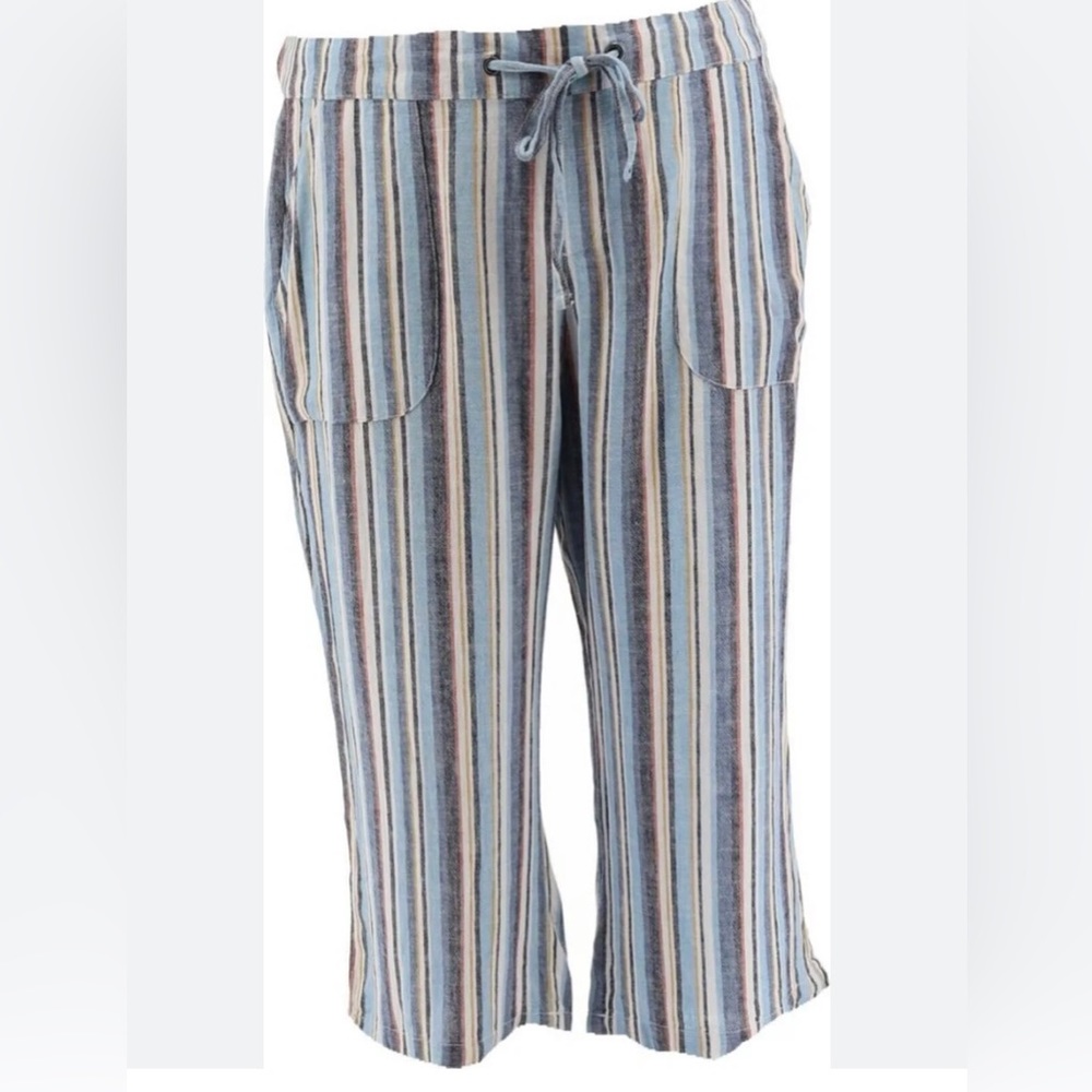 Denim & Co Naturals Linen Blend Crop Pants-Blue/Gold Stripe Women’s SP